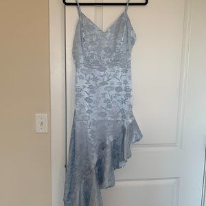 Light Blue Satin Floral Jacquard Asymmetrical Midi Dress, Lulus, NEW